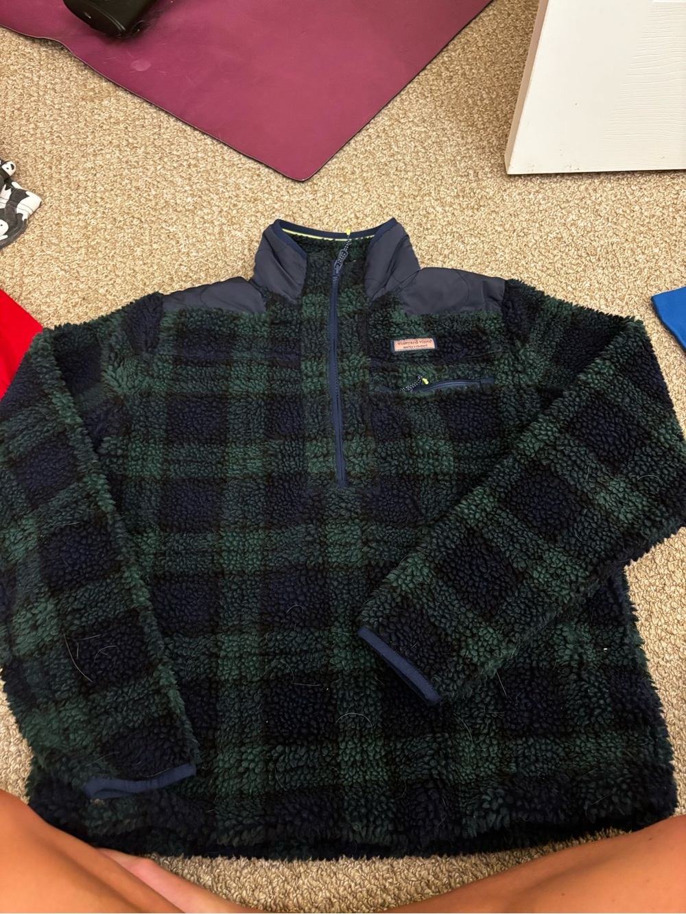 Vineyard Vines Men's Navy & Green Plaid Sherpa Pullover